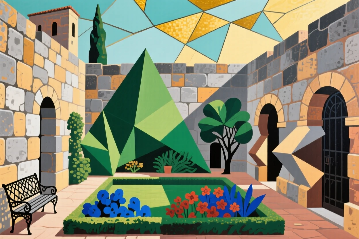 An elegant architectural view of a serene courtyard garden enclosed by ancient stone walls.
