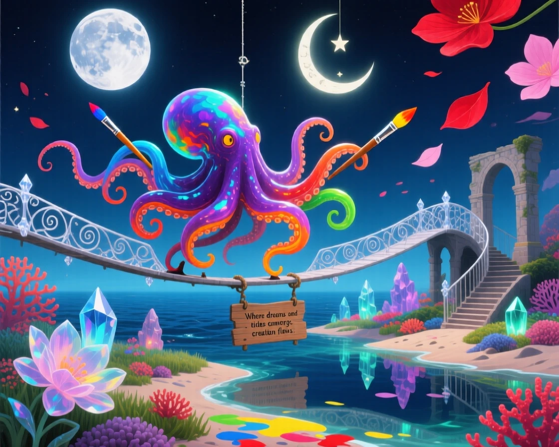 An octopus painting the ocean floor with each curling arm walks across a bridge suspended between two moons, as flower petals fall gently from a clear sky.