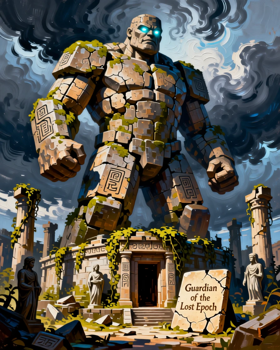 a stone titan awakening from centuries of sleep standing guard over an ancient ruined temple