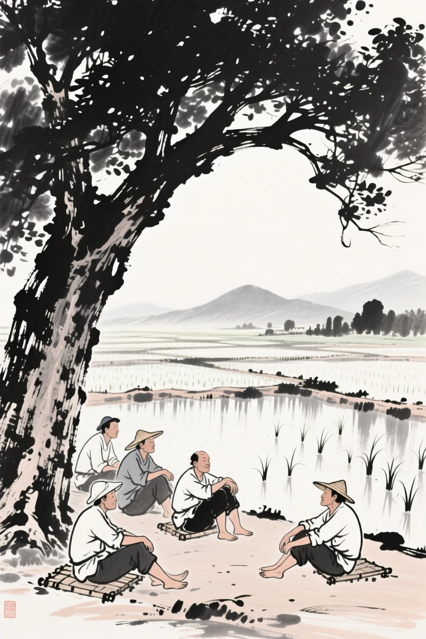 A group of farmers rests beneath a shade tree during the midday heat, with distant mountains reflected in the flooded fields.