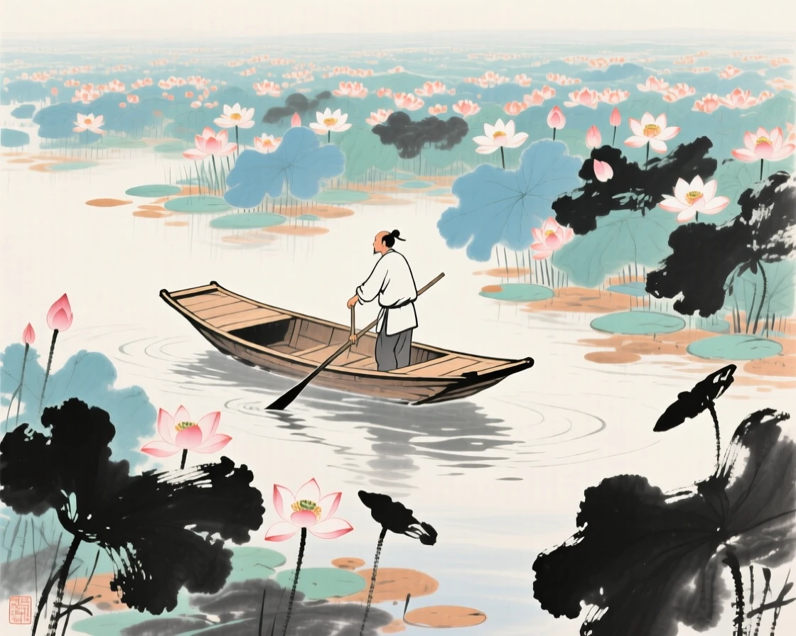 A boatman poling his craft gently through a field of lotus, in a warm breeze carrying the scent of blossoms.