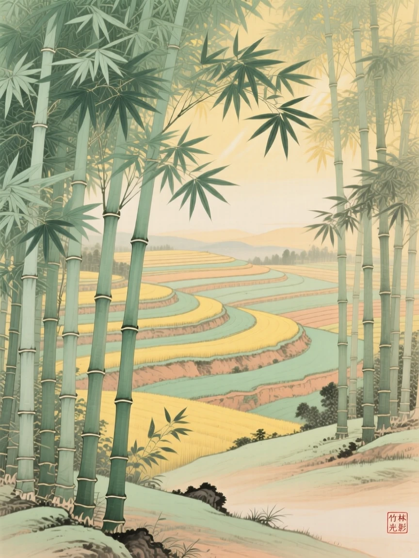 A bamboo forest with light filtering through the stalks, soft golden light spilling across the terraced fields