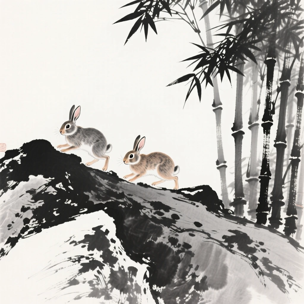 A pair of rabbits moving cautiously along a rocky ridge through a bamboo thicket, positioned off-center, leaving space for the quiet landscape around it, suggesting calm alertness within a peaceful world.