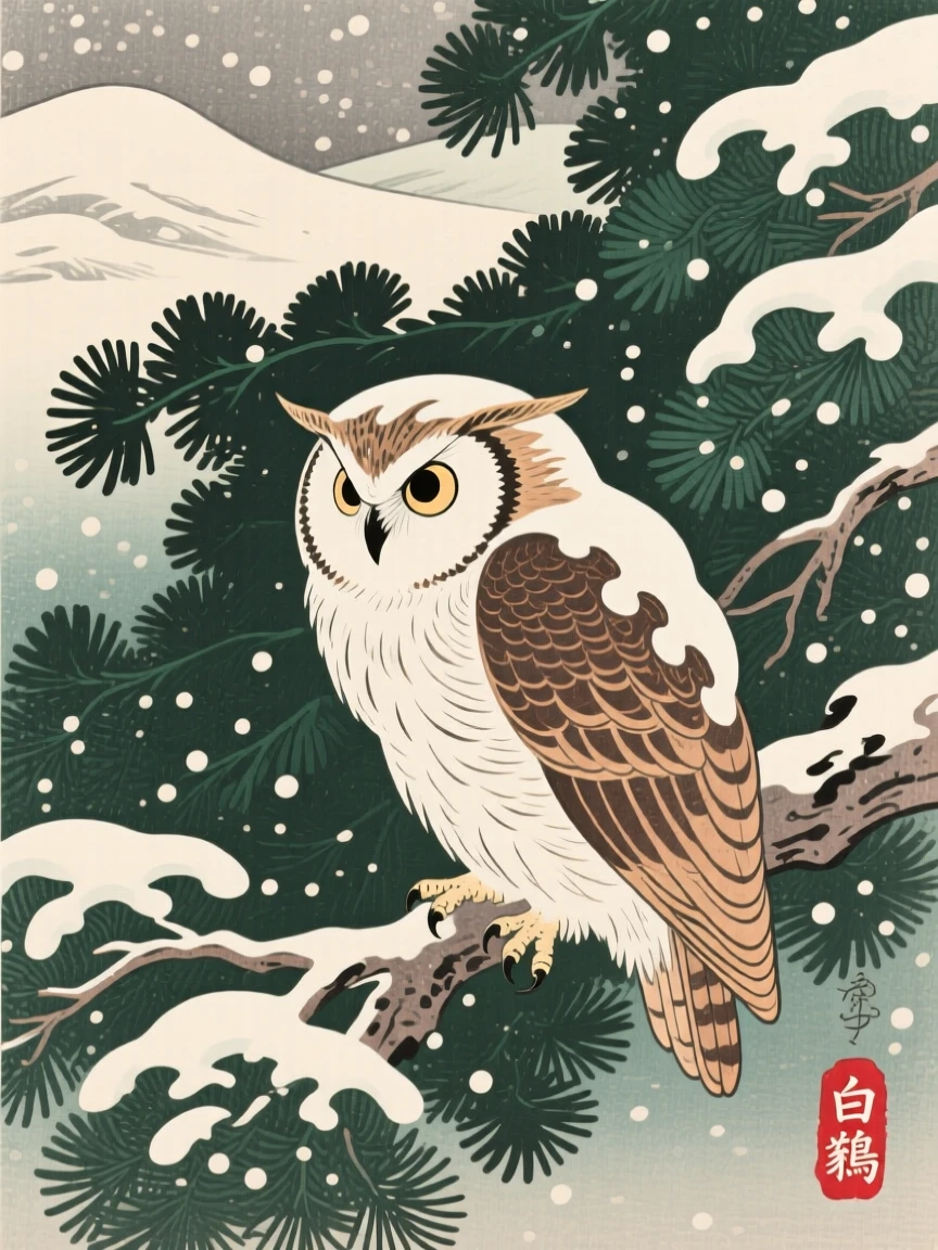 A snow-dusted owl emerging from dense evergreen underbrush.