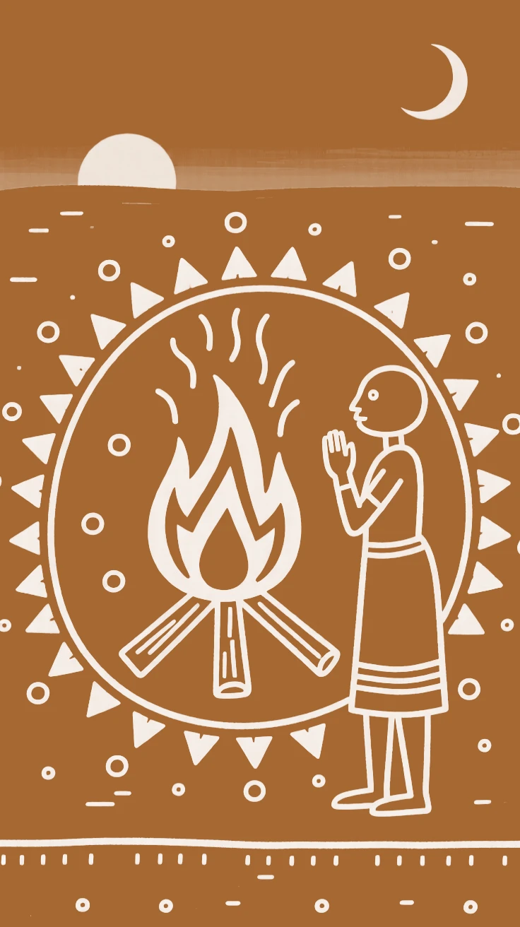 A lone devotee around a ceremonial bonfire at dusk.