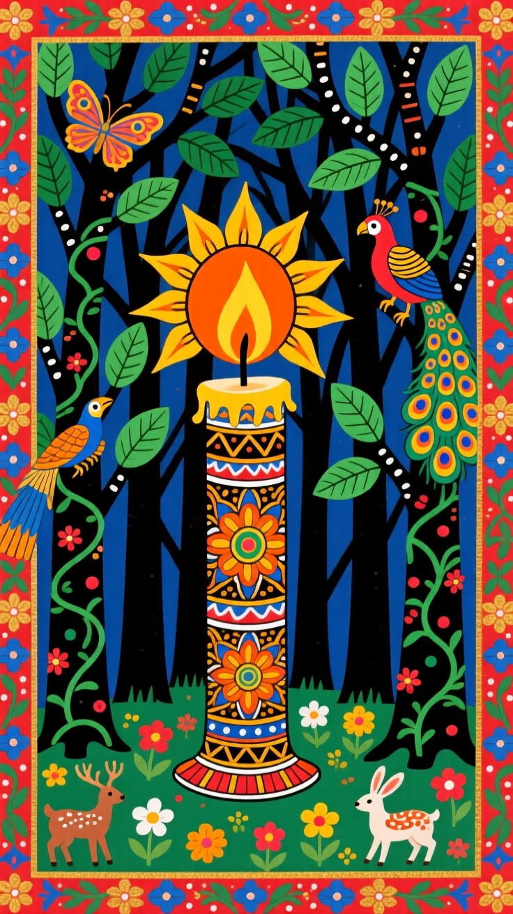 A single candle lighting a path through a dark forest.