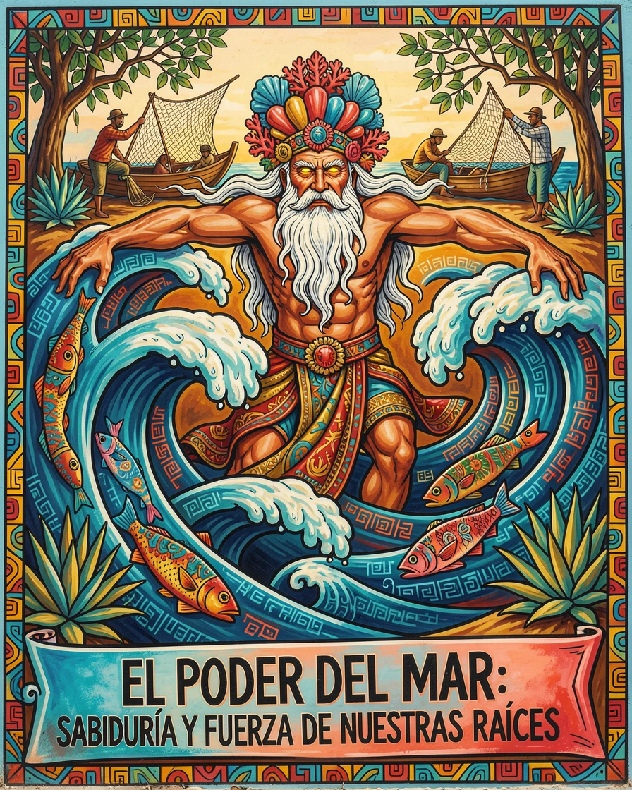A wise old sea god commanding the ocean waves