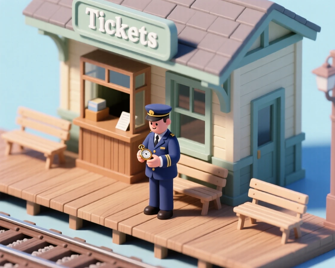 A charming small-town train depot with a ticket window, benches lining the platform, and a conductor checking his pocket watch.