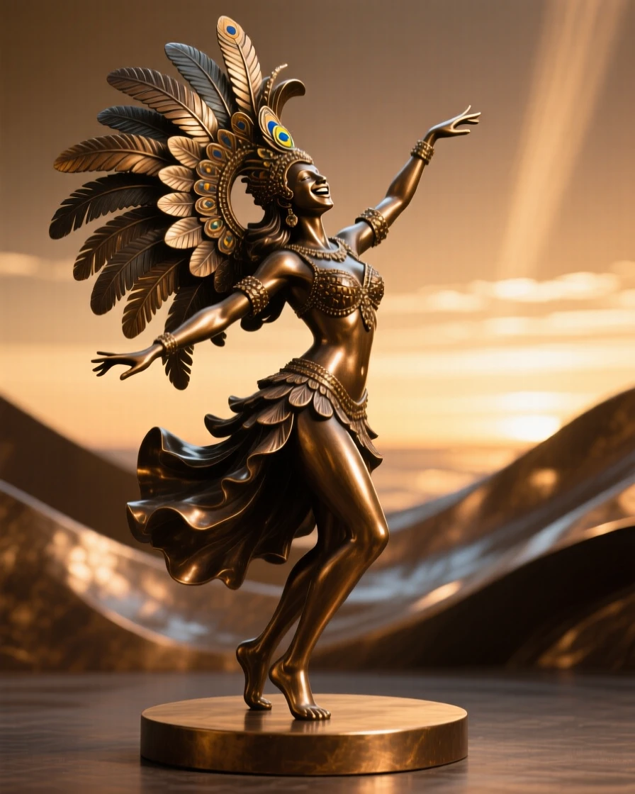 A brazilian carnival dancer in a dazzling feathered costume, silhouetted against a glowing horizon, forming a strong central focal point