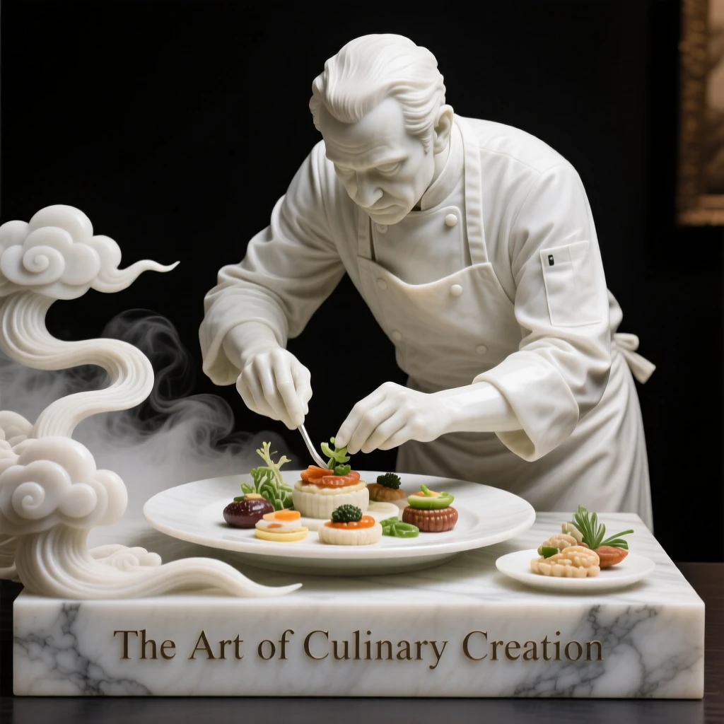 A vivid, emotionally rich scene of a chef plating a beautifully arranged dish, amid swirling clouds and mist, designed to captivate and inspire