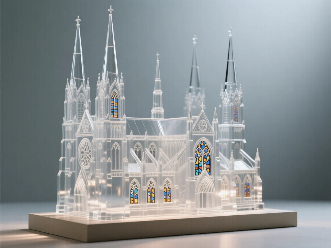 A grand cathedral with spires rising into a clouded sky while the sound of distant bells drifts across the square