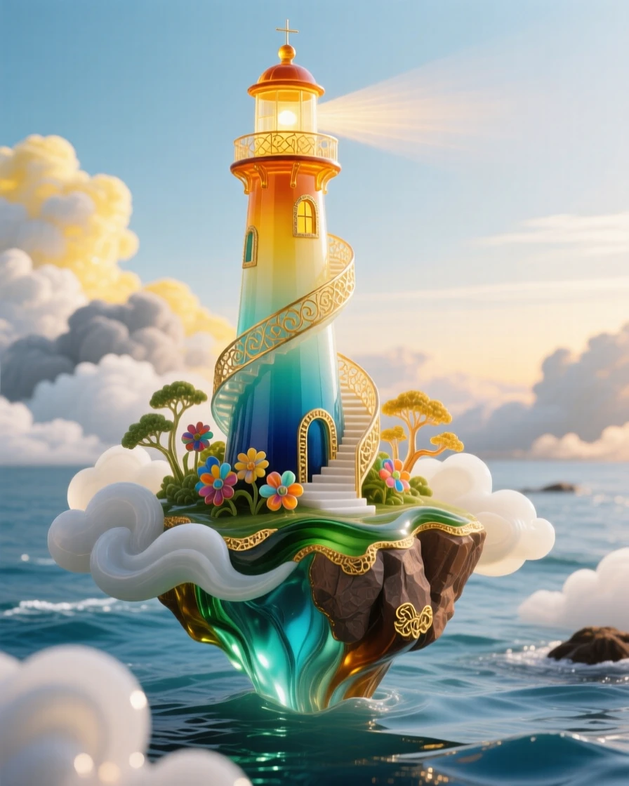 A lighthouse standing atop a floating island amid a sea of clouds, surreal and iconic.