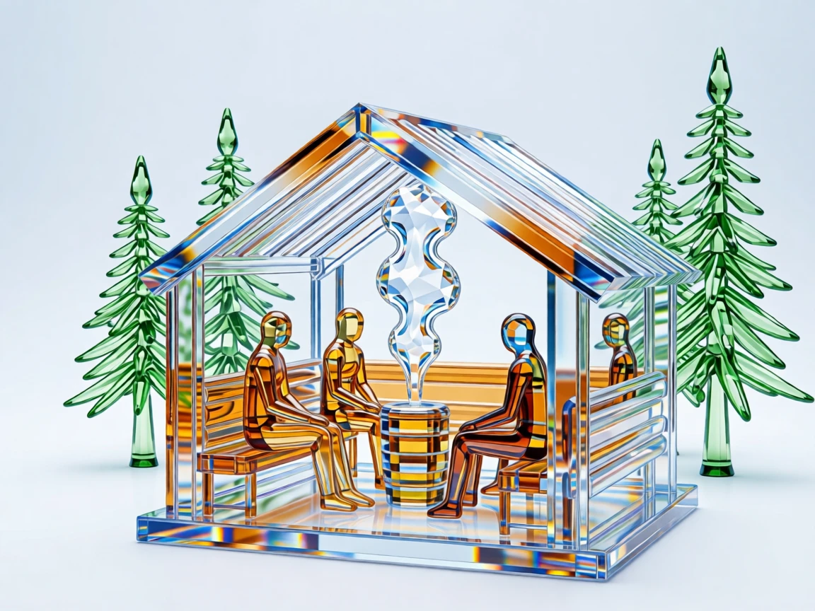 A Nordic sauna scene with steam rising against a backdrop of snow and pine trees.