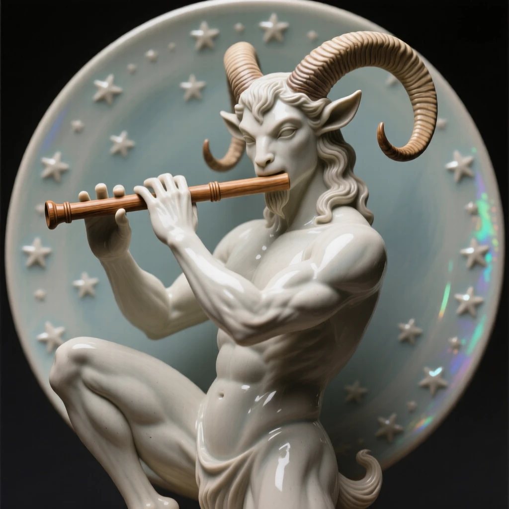 A horned faun playing a wooden flute rearing on hind legs in triumphant display, haloed by a faint circle of starlight, radiating noble power tempered with gentleness.