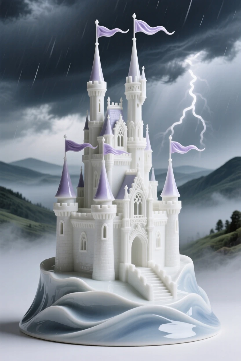 A storm-lit castle rising above a misty valley, banners fluttering from its highest spires.