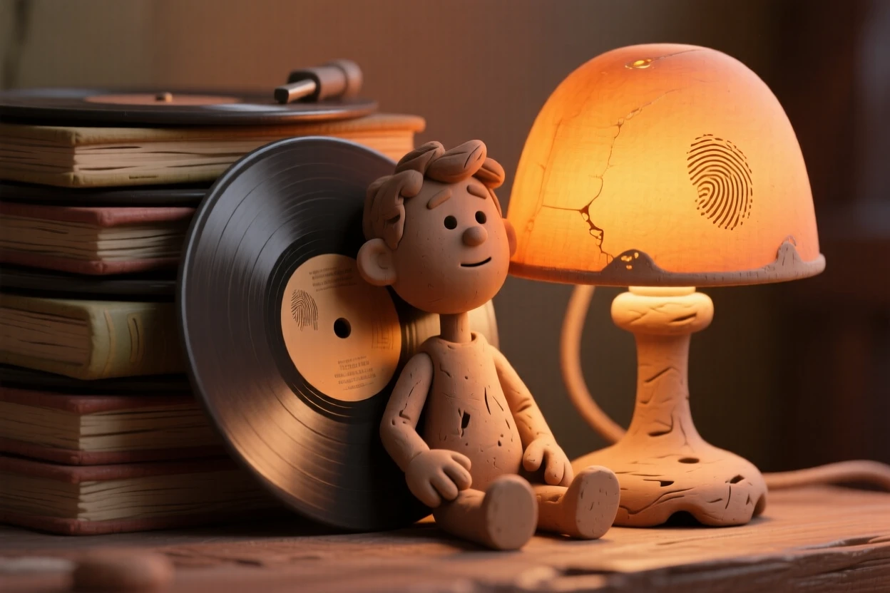 A stack of vinyl records leaning against a warm amber lamp