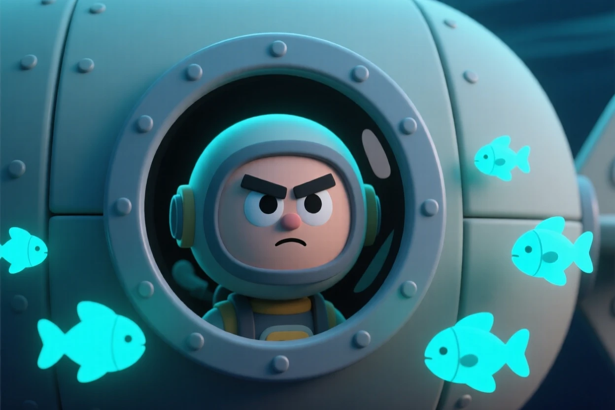 A determined deep-sea explorer peers out from a small round submarine porthole at glowing bioluminescent fish.