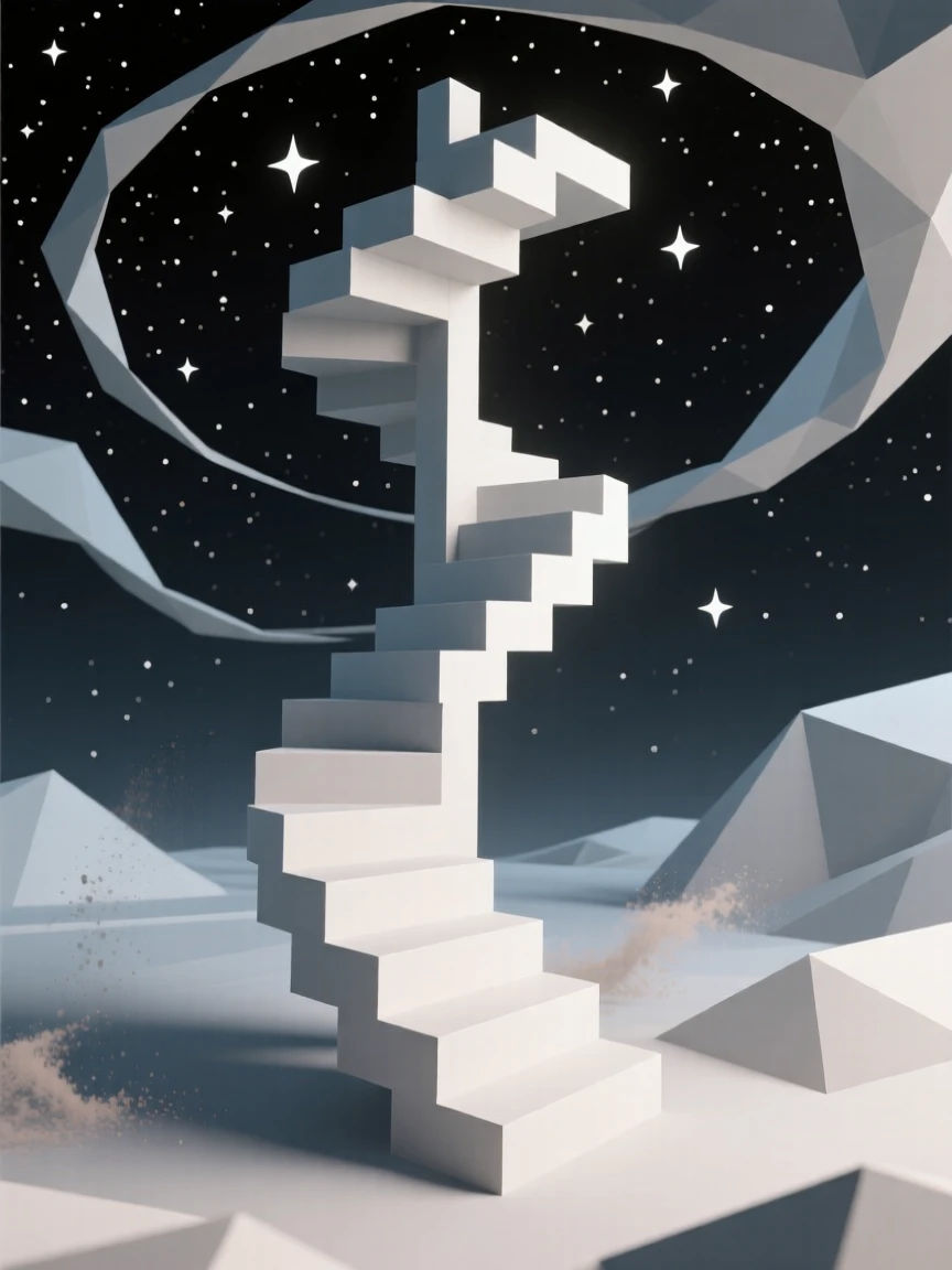 A surreal staircase spiraling into a starry void, surrounded by swirling cosmic dust. the composition uses a wide, immersive perspective. The atmosphere feels serene yet infinite.