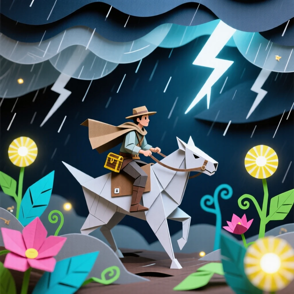 A rogue treasure hunter riding through a storm-lit sky, with luminescent plants lighting the surroundings, capturing epic scale and wonder.