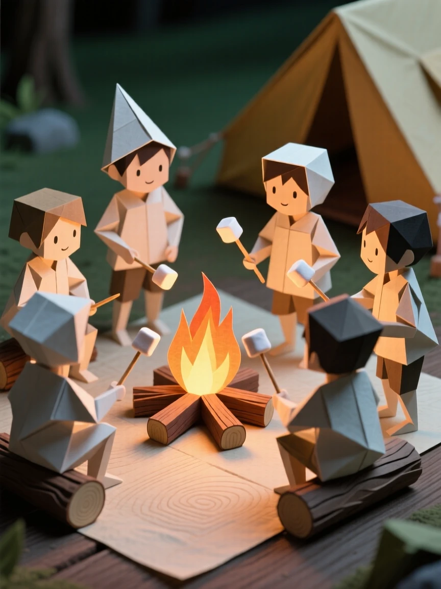 A group of children roasting marshmallows around a campfire during a family camping trip.
