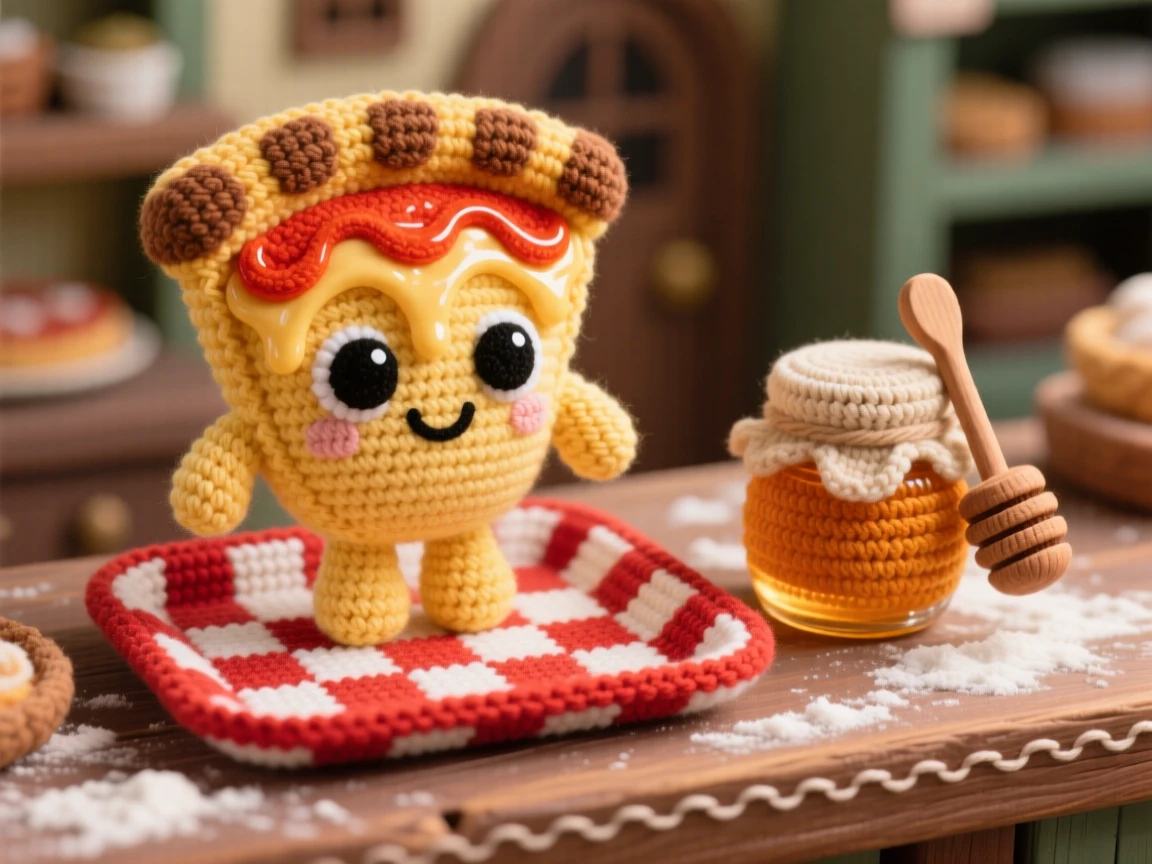 a happy slice of pizza character, with melted cheese stretching slightly, served on a red-checkered tray, displayed in a cozy village bakery counter dusted with flour, with a small jar of honey with a wooden dipper, radiating a cozy sense of shared treats.