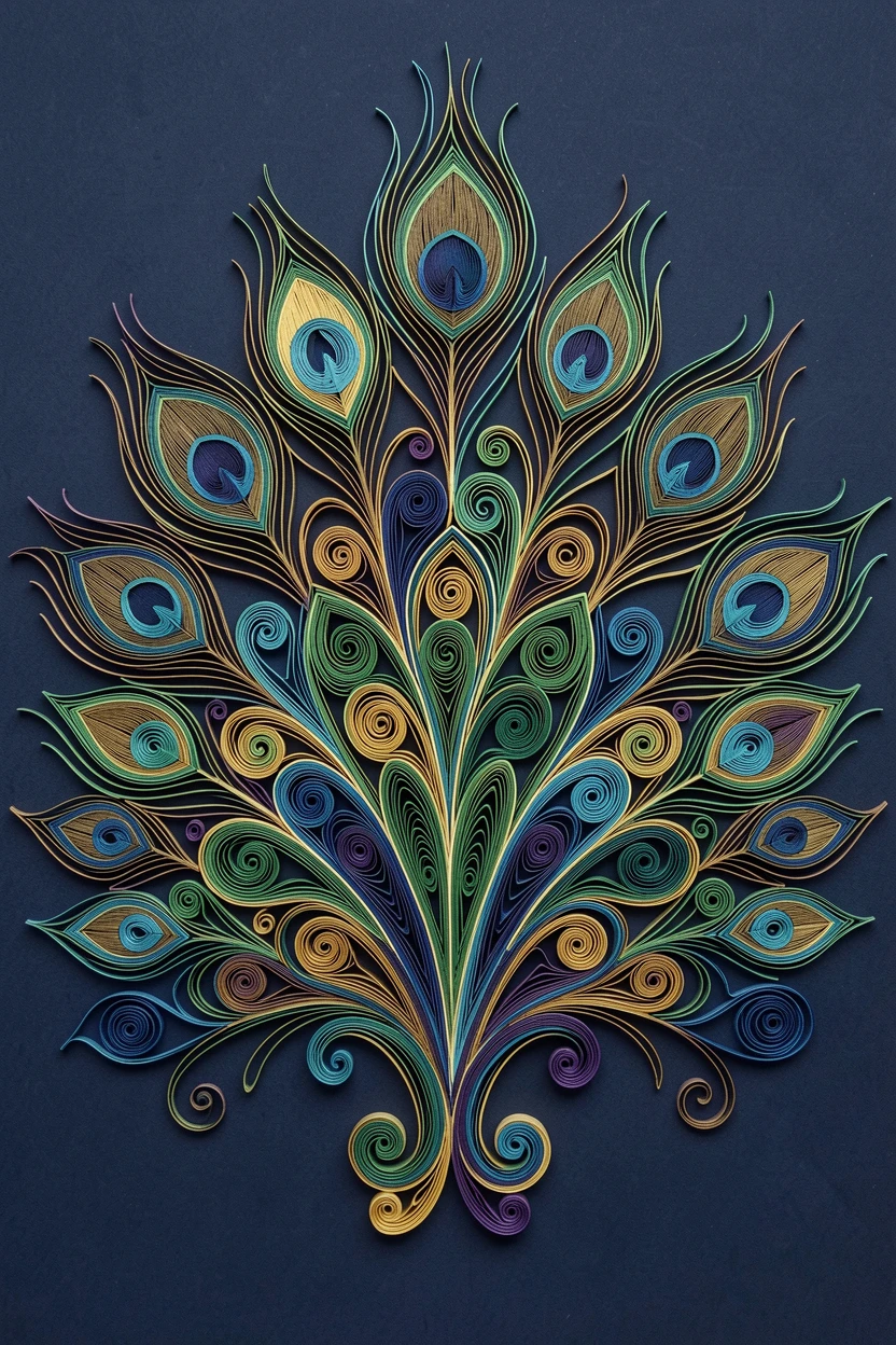 a symmetrical peacock feather fan display, displayed against a deep navy backdrop, built up in graduated layers of increasing size, with fine hair-thin linework throughout.