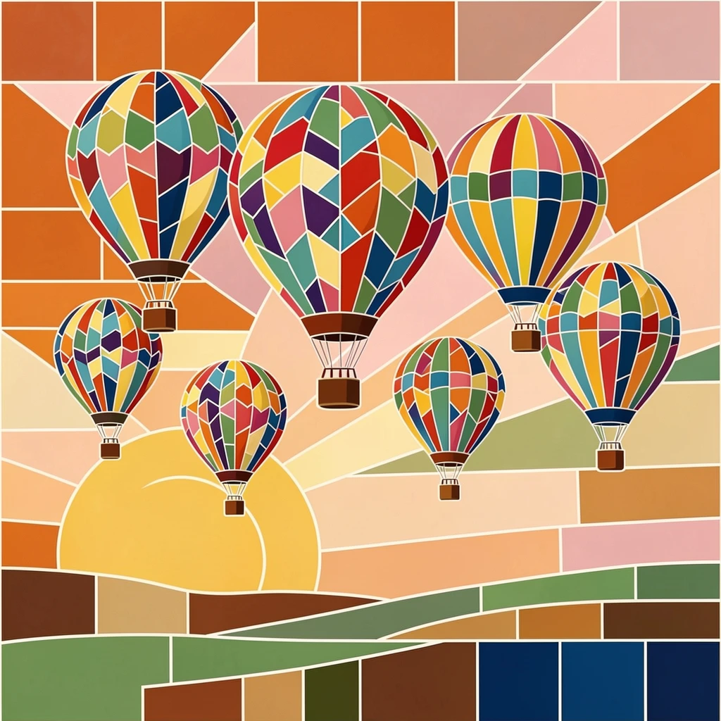 A hot air balloon festival filling the sky with colorful patterns at sunrise.