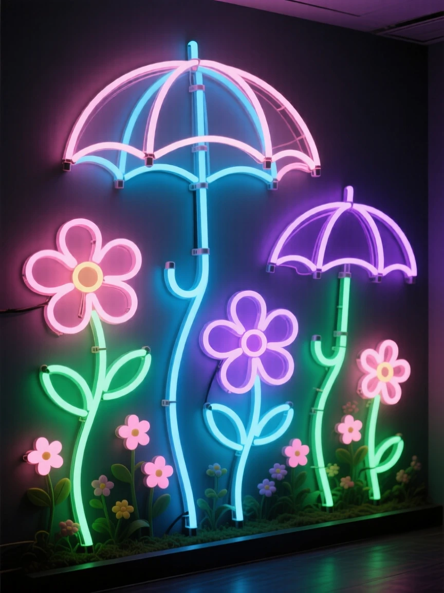 A garden where the flowers are shaped like tiny umbrellas.