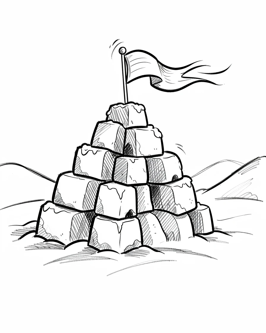 A snow fort with a flag on top on a snowy winter morning.