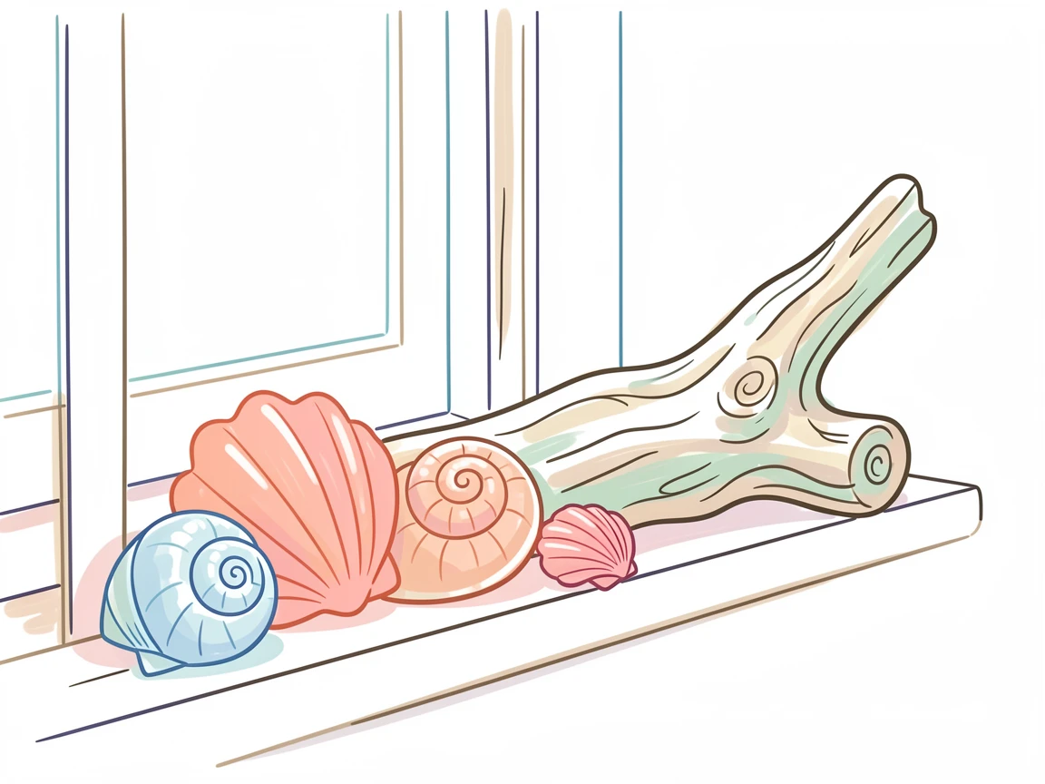 A collection of seashells arranged along a windowsill beside driftwood.