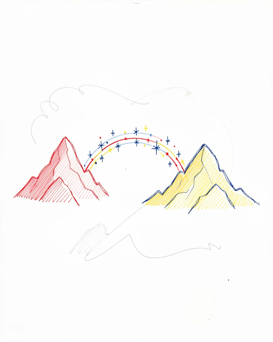 A celestial bridge of stars connecting two floating mountain peaks