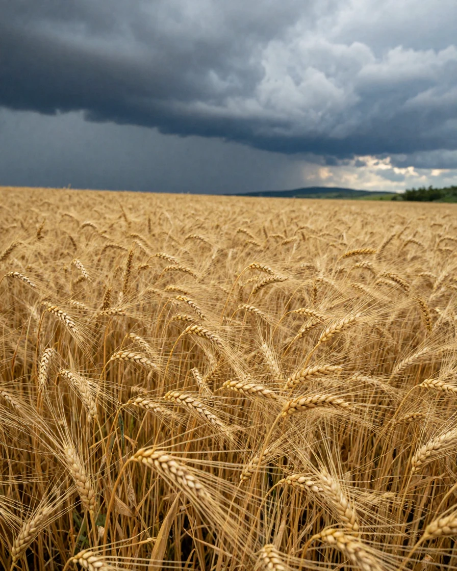 A field of golden barley swaying beneath a stormy sky