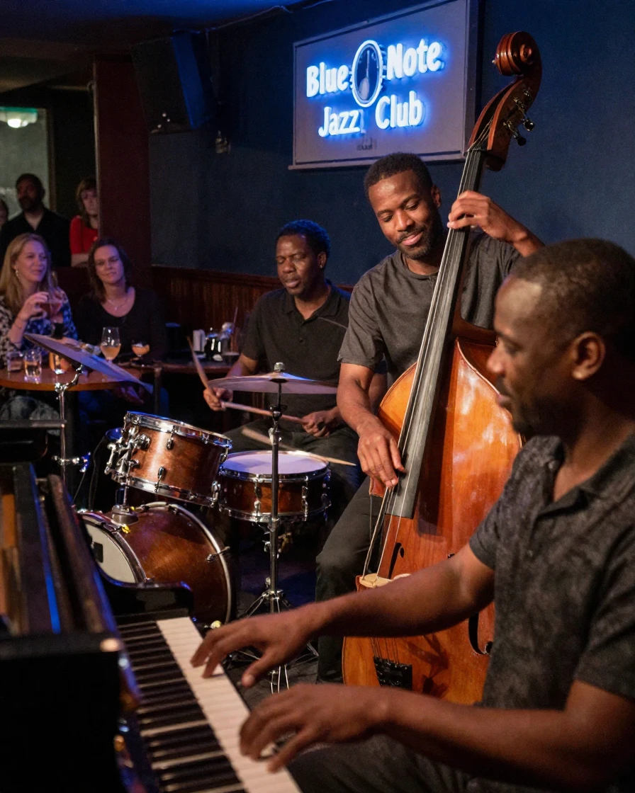 A jazz trio improvises together on a dim, intimate club stage.