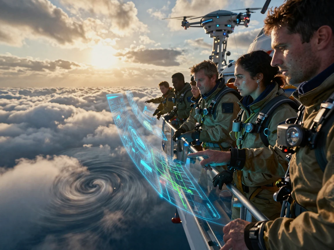 A group of scientists mapping an uncharted region of the seafloor high above a swirling ocean of clouds