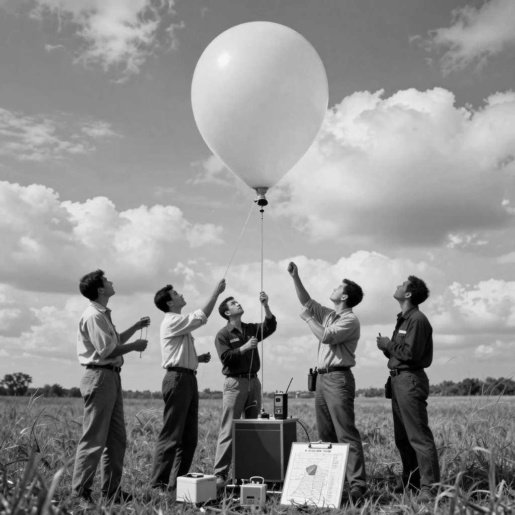 A group of engineers launches a weather balloon from an open field.