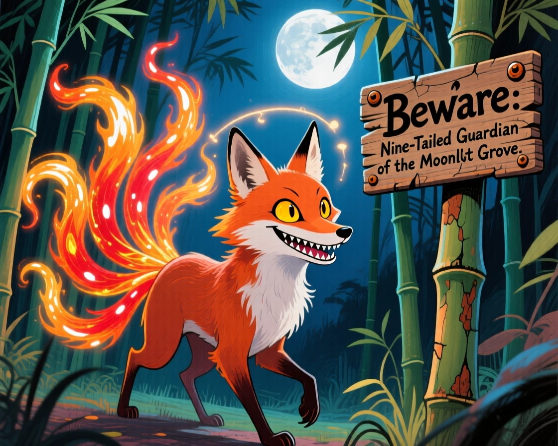 A mystical fox spirit with nine glowing tails prowling through a moonlit bamboo forest.