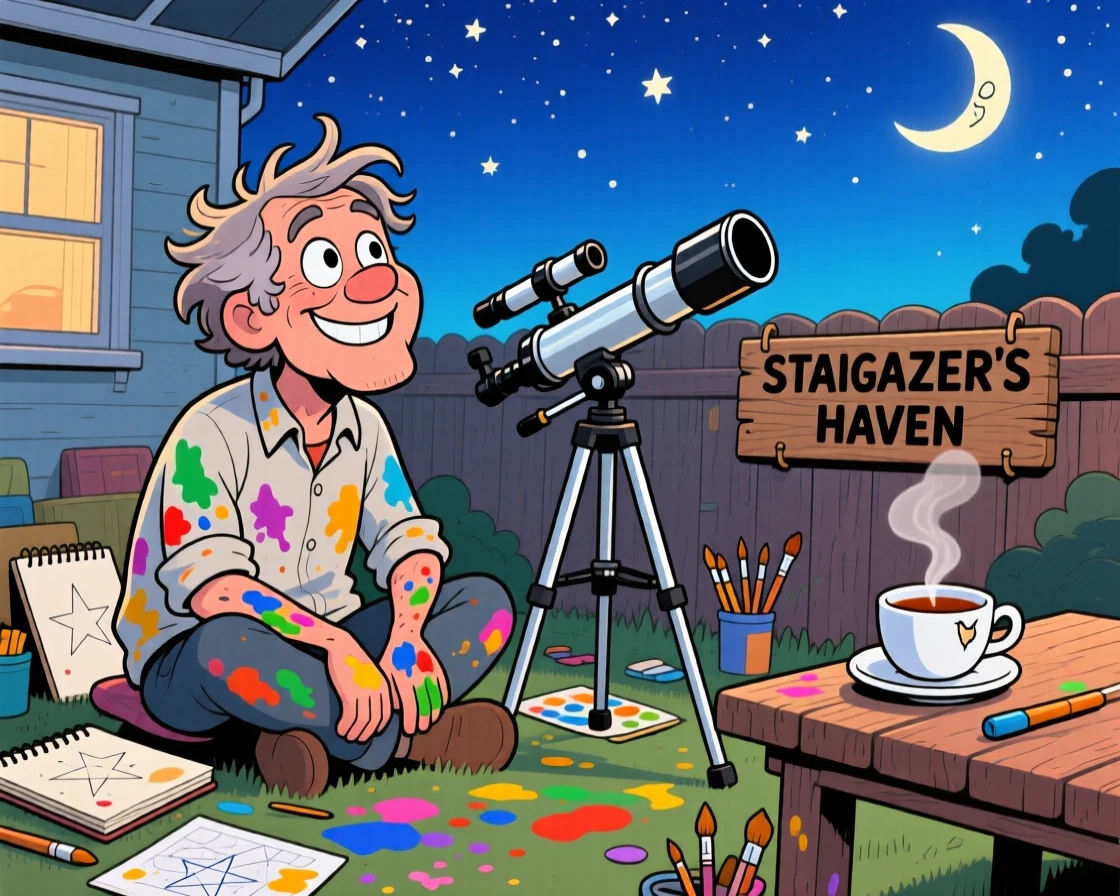 An everyday-life snapshot of an amateur astronomer, taking a well-deserved break, covered in the mess of creativity, with a cup of tea cooling nearby.