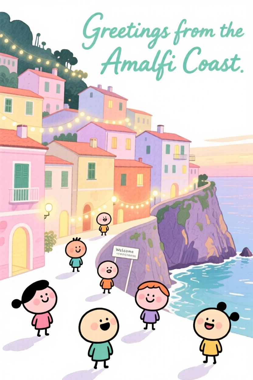 A dreamy travel postcard scene of the Amalfi Coast with pastel cliffside villages glowing under twinkling evening lights