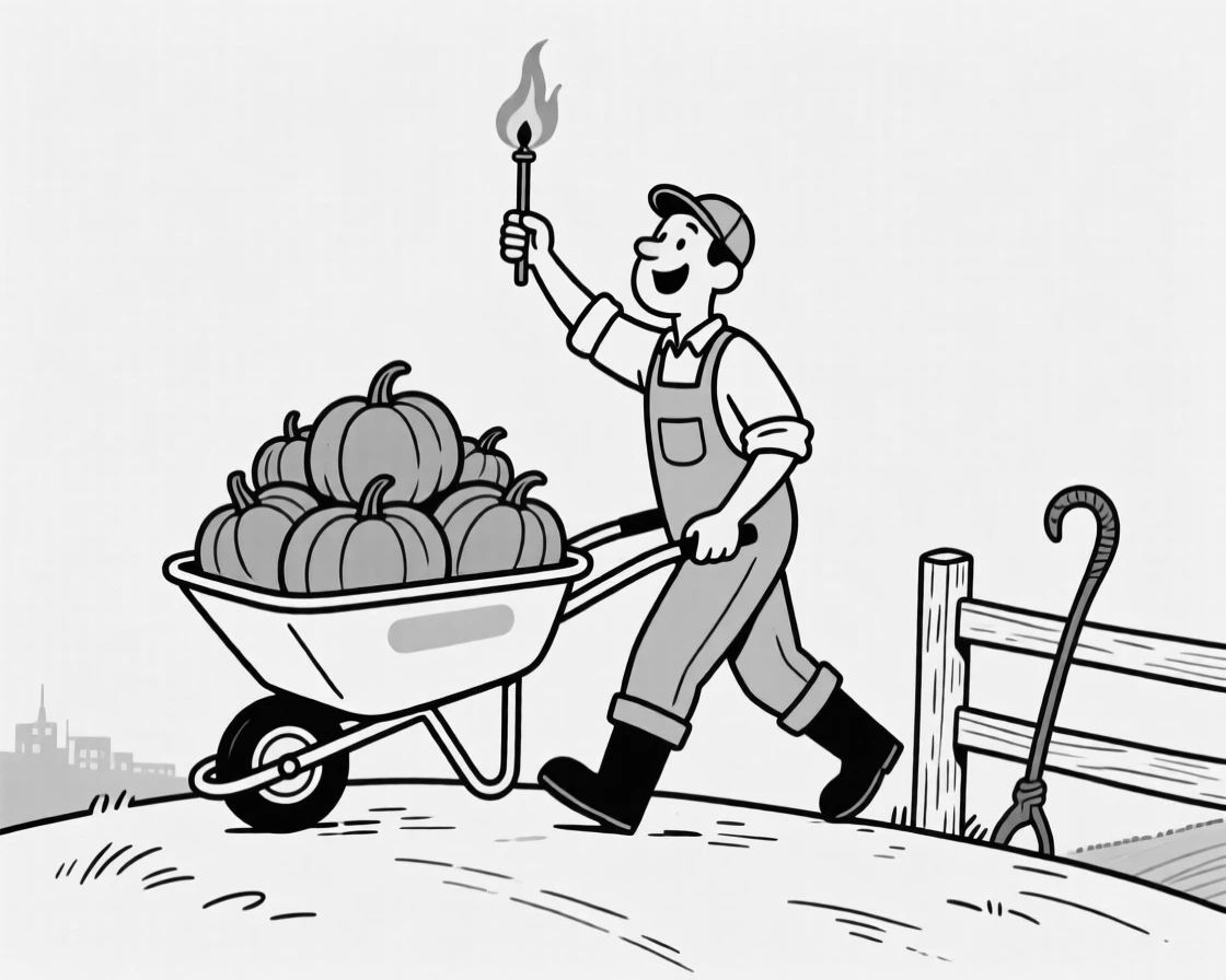 A gardener triumphantly wheelbarrowing a mountain of pumpkins, waving the flaming marshmallow like a tiny torch, set atop a hill far from city lights. A lone shepherd's crook leans against a fence post. The image feels like a breath of fresh outdoor air.