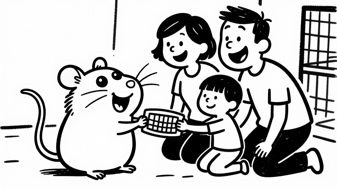 A hamster getting adopted from a shelter, tail wagging as a new family kneels to greet it.