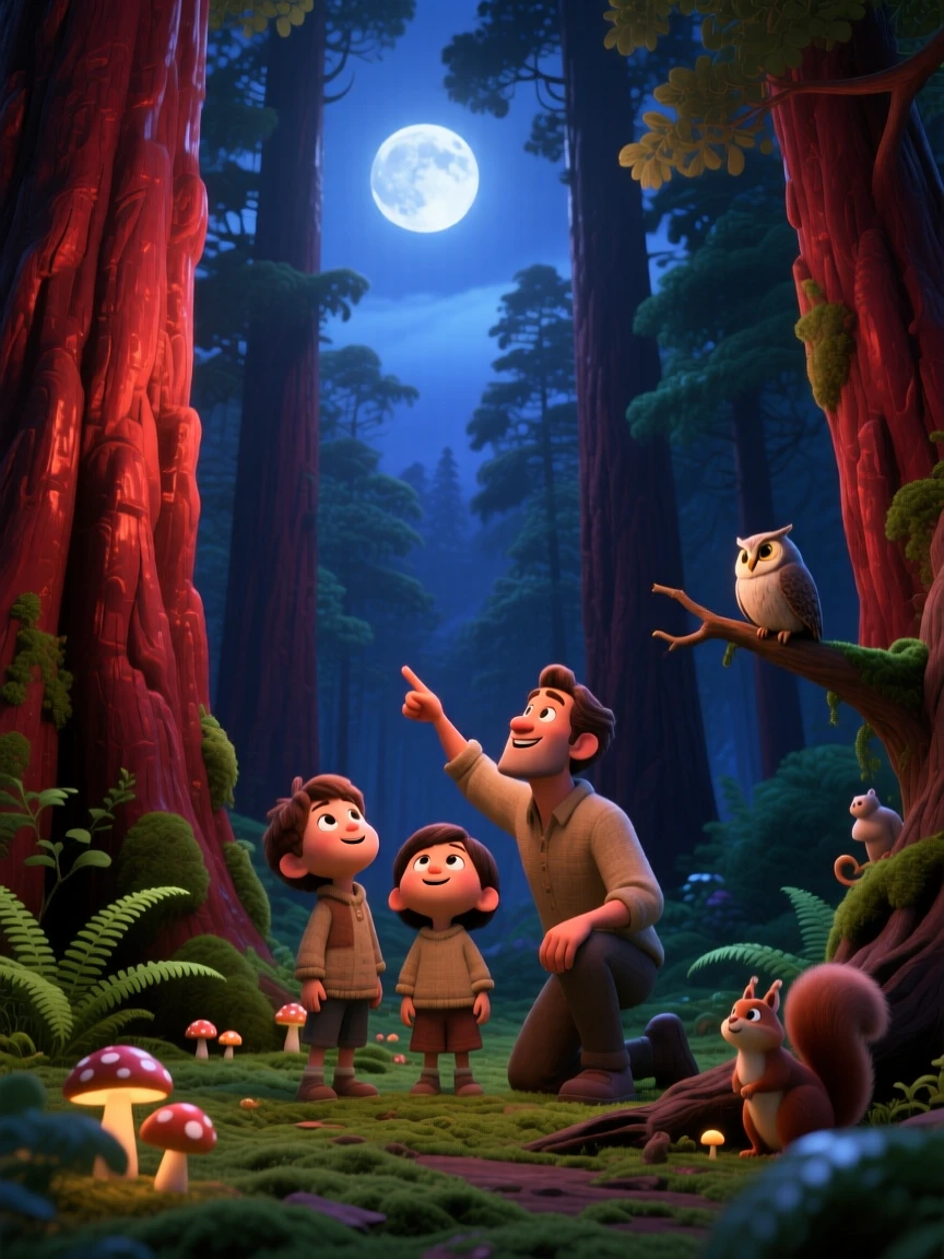 A canopy of giant redwood trees glows as the moon rises slowly above the horizon, with soft shadows stretching long across the ground. A gentle reverence for nature's beauty lingers here.
