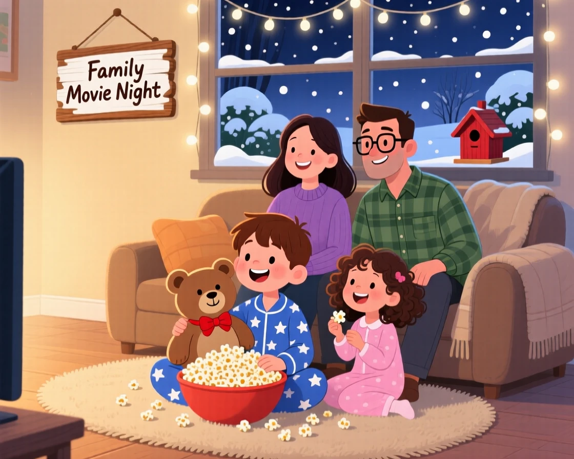 With their whole family close by, a boy clutching a stuffed bear is sharing a big bowl of popcorn during movie night, while soft snow falls outside.
