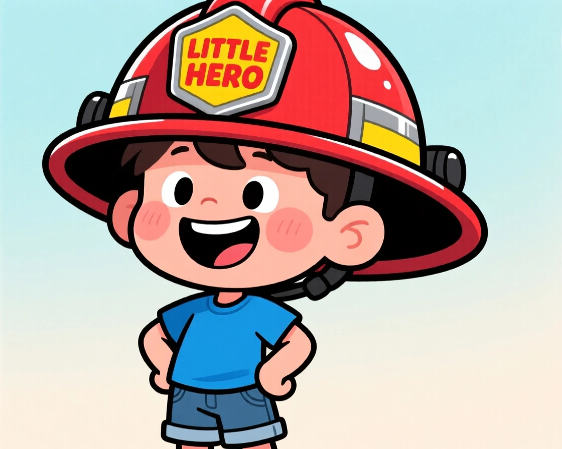 A little boy wearing an oversized firefighter helmet, grinning proudly.