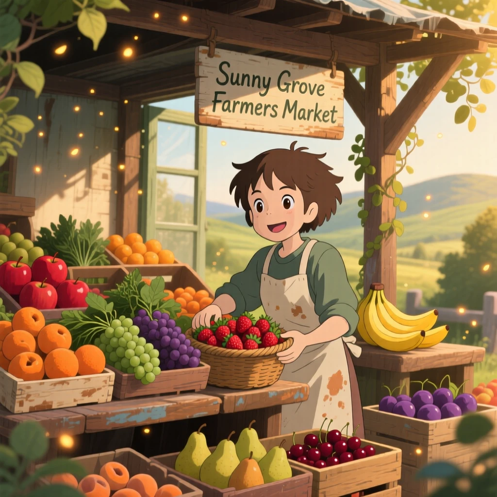 A warm, inviting scene of a farmers market stall overflowing with fresh fruit, with warm golden light filling the room.