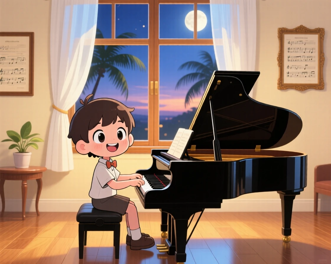 Framed through a window of a young pianist, playing a grand piano with a joyful smile, in an elegant music room, on a warm tropical afternoon, illuminated by soft moonlight, radiating wide-eyed wonder.