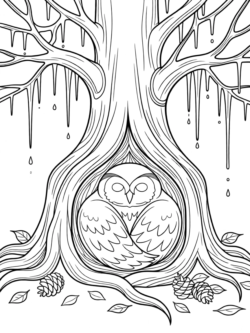 A barn owl curled up in a den surrounded by roots, with icicles hanging from nearby branches.