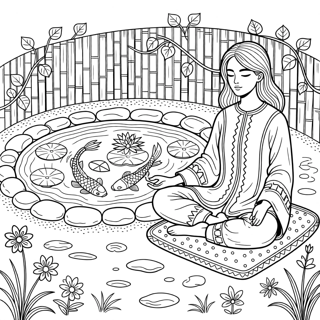 A woman doing a seated meditation pose beside a koi pond.