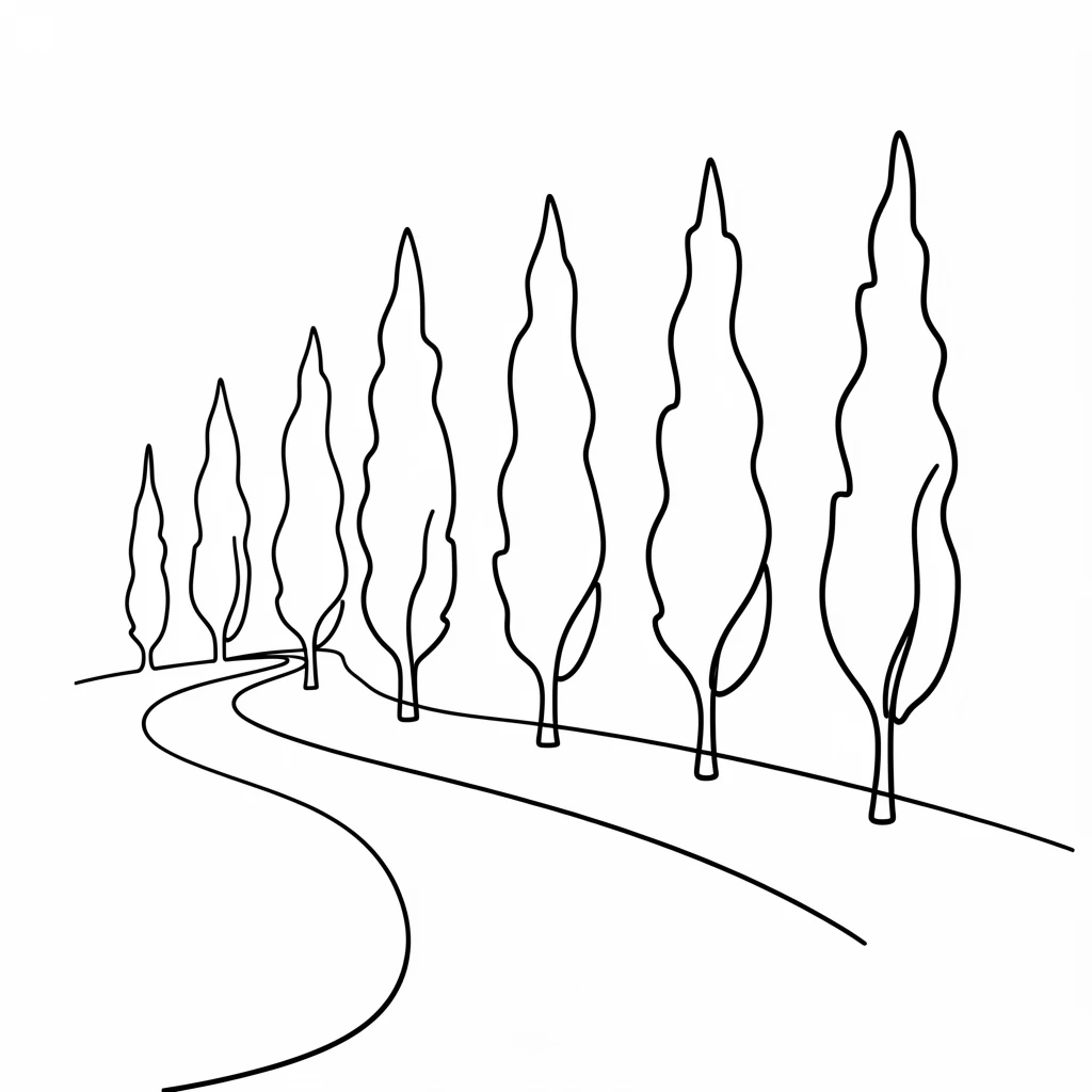 A row of cypress trees lining a winding countryside road