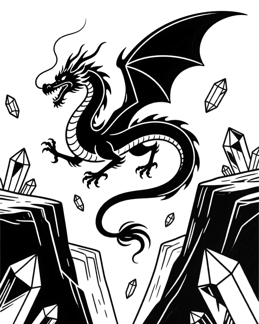 A dragon soaring through a canyon of floating crystal formations.