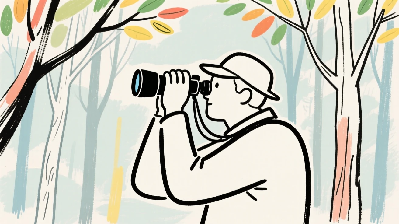 A birdwatcher peering through binoculars into a quiet forest canopy.